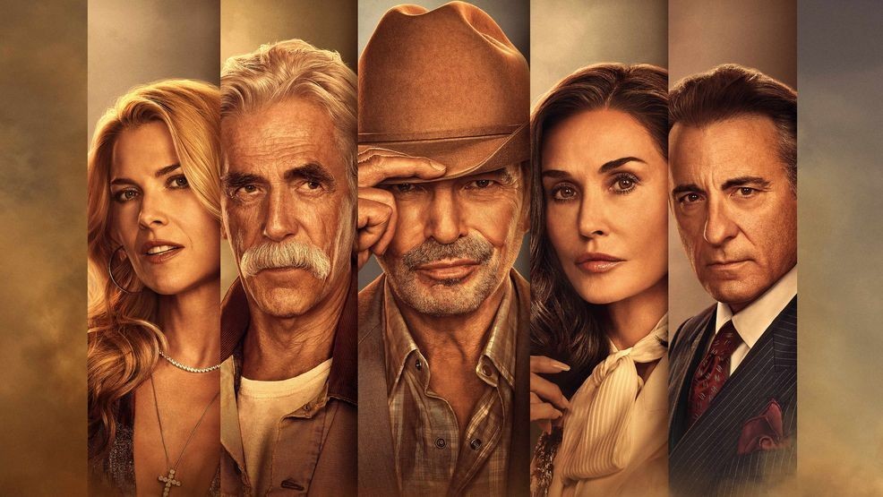 Ali Larter as Angela, Sam Elliott as T.L., Billy Bob Thornton as Tommy, Demi Moore as Cami and Andy Garcia as Gallino the key art for Landman, season 2, streaming on Paramount+. Photo Credit: Sophy Holland/Paramount+